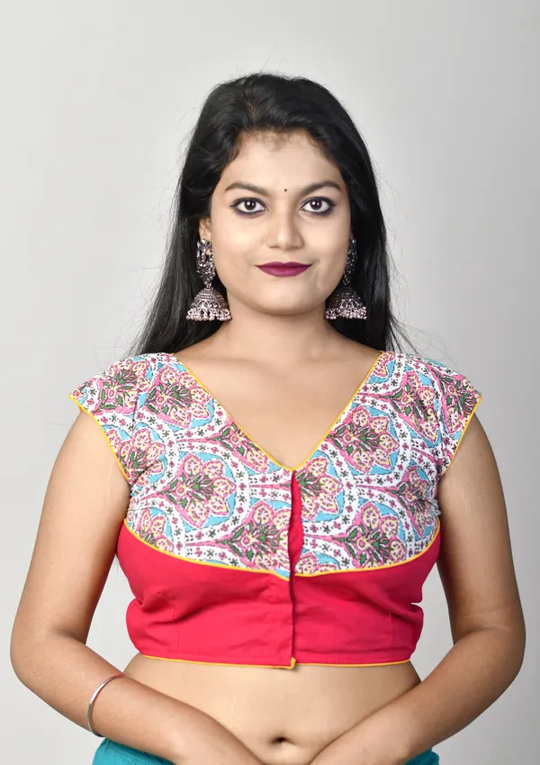 Multicolor_Stitched_V-Neck_Embroidered_Cotton_Lycra_Blend_Blouse_For_Women