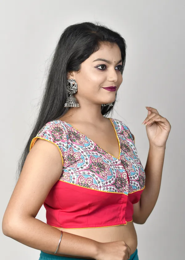 Multicolor_Stitched_V-Neck_Embroidered_Cotton_Lycra_Blend_Blouse_For_Women