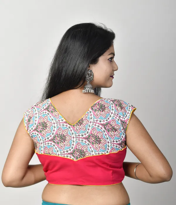 Multicolor_Stitched_V-Neck_Embroidered_Cotton_Lycra_Blend_Blouse_For_Women