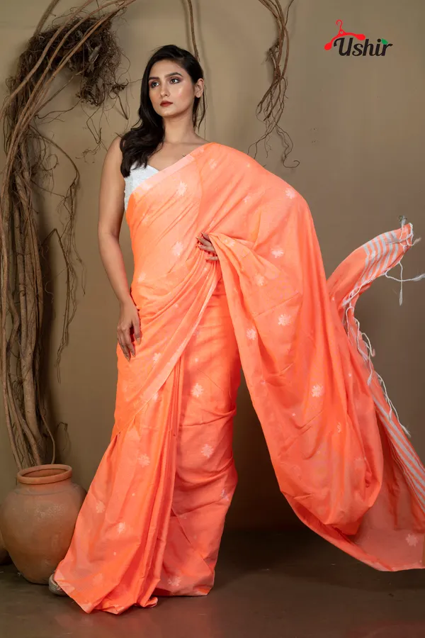Orange_Cotton_Handloom_Jhilmil_Saree