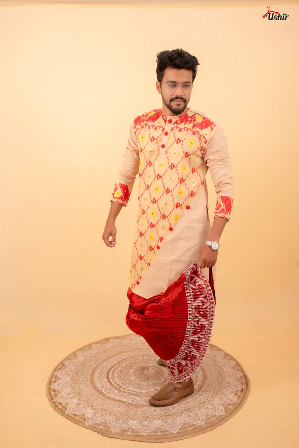 Beige_saree_kurta_couple_set