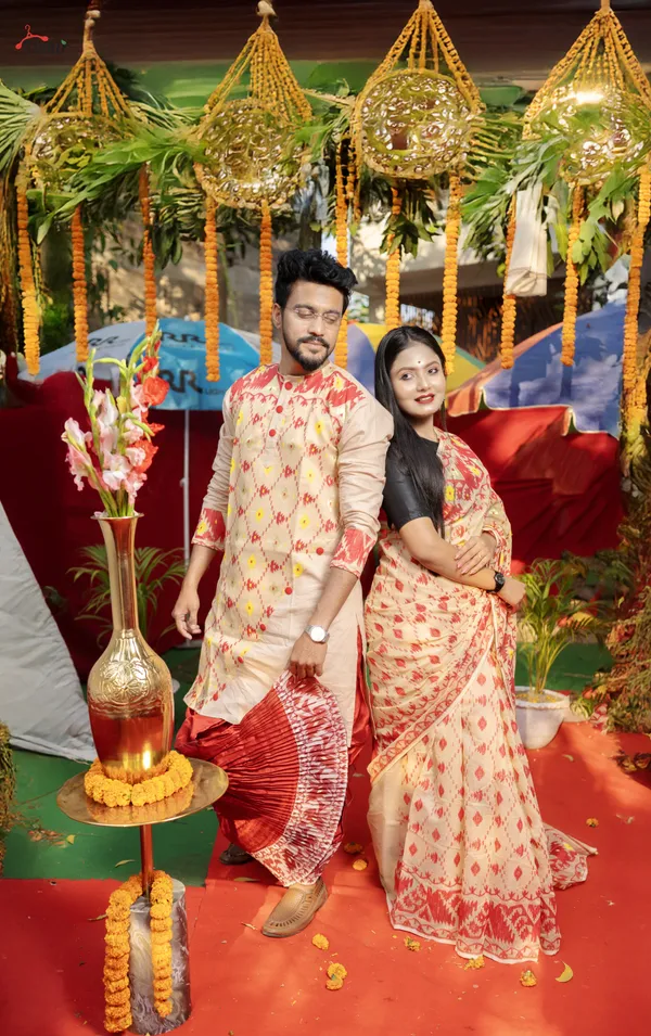 Beige_saree_kurta_couple_set