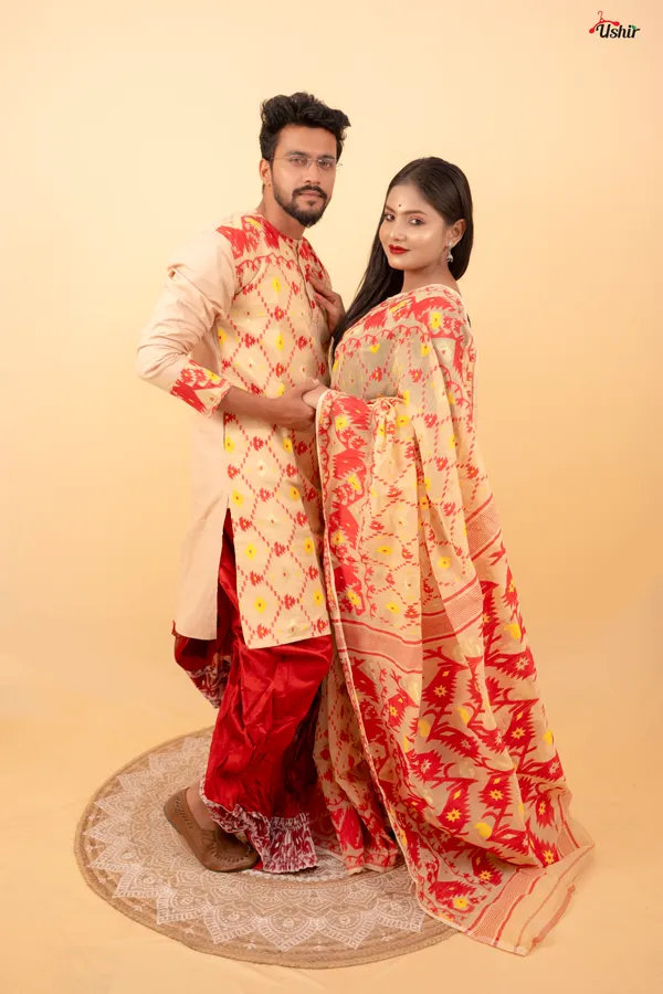 Beige_saree_kurta_couple_set