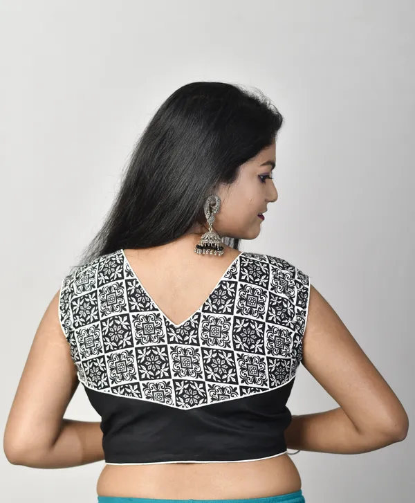 Black_Stitched_V-Neck_Printed_Net_Blouse_For_Women