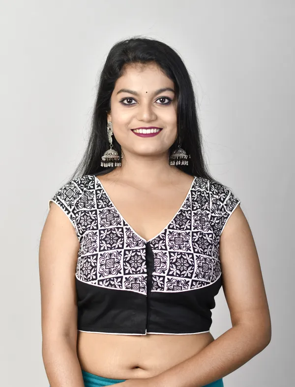 Black_Stitched_V-Neck_Printed_Net_Blouse_For_Women