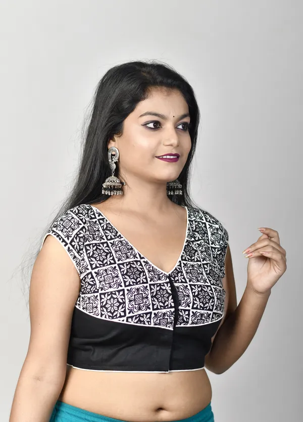 Black_Stitched_V-Neck_Printed_Net_Blouse_For_Women