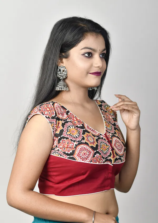 Maroon_Stitched_V-Neck_Embroidered_Cotton_Lycra_Blend_Blouse_For_Women