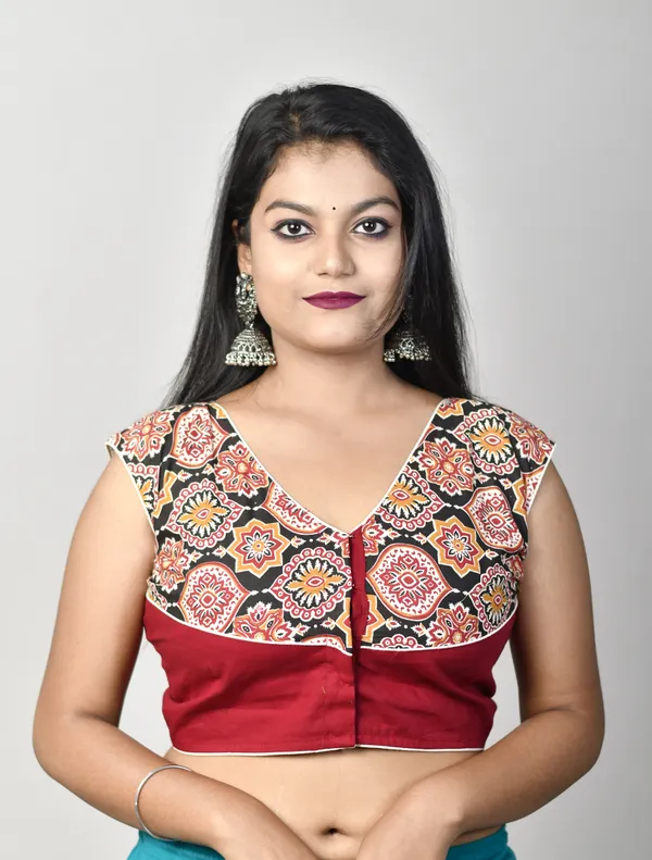 Maroon_Stitched_V-Neck_Embroidered_Cotton_Lycra_Blend_Blouse_For_Women