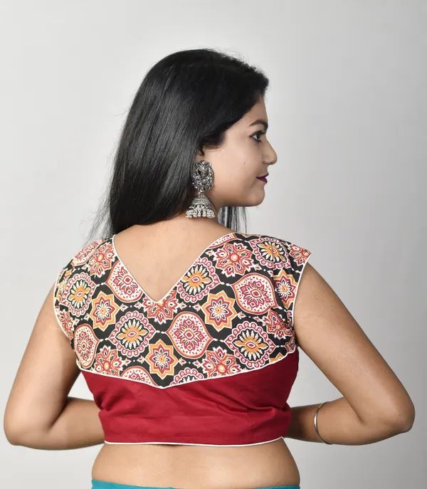 Maroon_Stitched_V-Neck_Embroidered_Cotton_Lycra_Blend_Blouse_For_Women