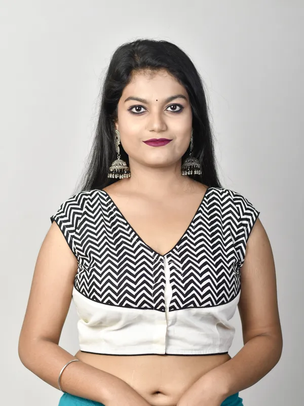 White_&_Black_Stitched_V-Neck_Embroidered_Cotton_Lycra_Blend_Blouse_For_Women