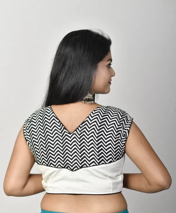White_&_Black_Stitched_V-Neck_Embroidered_Cotton_Lycra_Blend_Blouse_For_Women