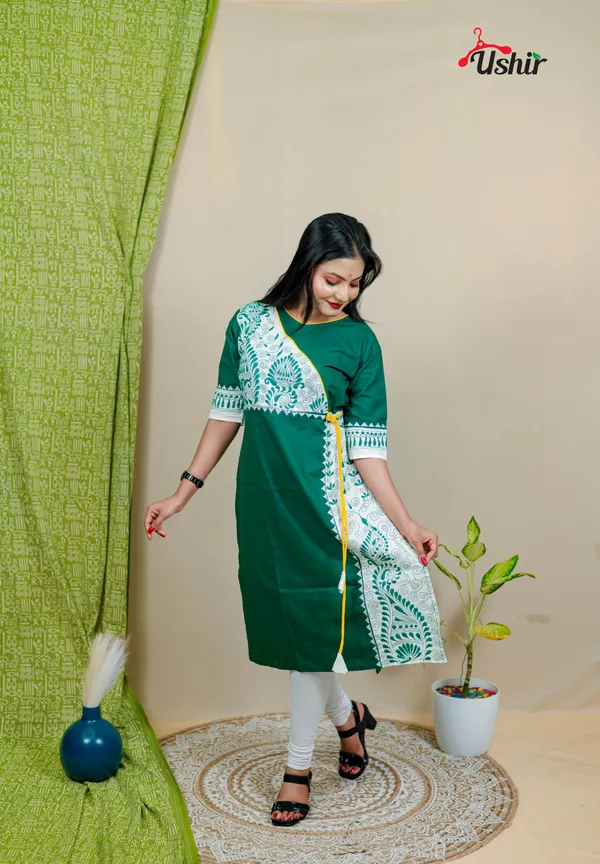kanthastitch_angrakha_kurti_bottle_green