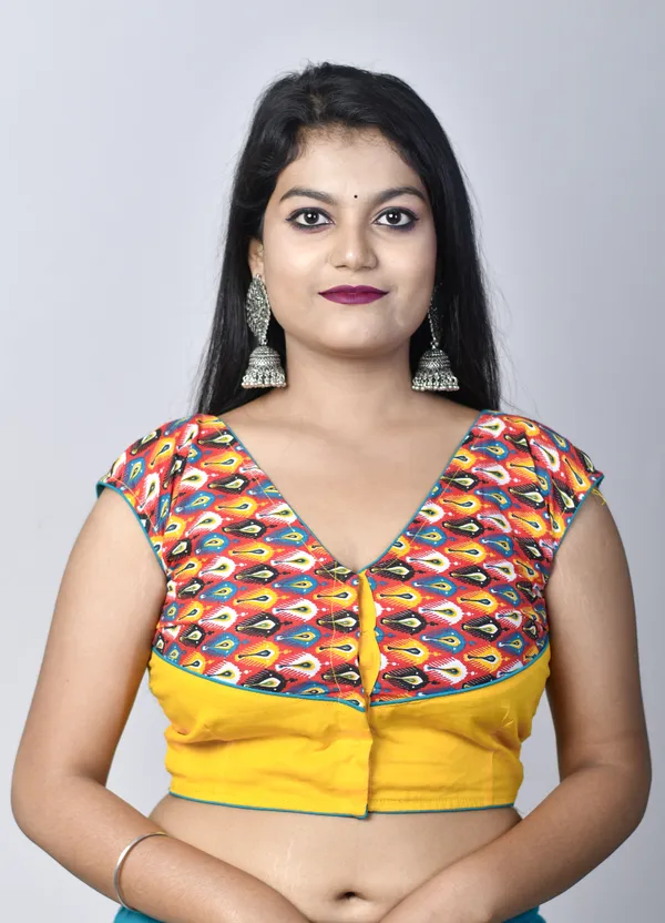 Yellow_Stitched_V-Neck_Printed_Silk_Blend_Blouse_For_Women