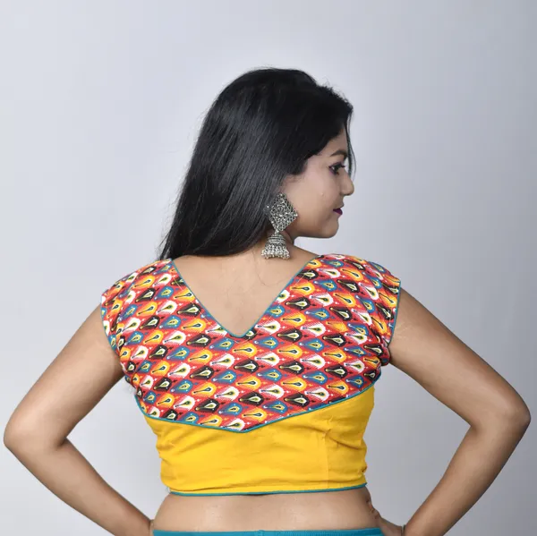Yellow_Stitched_V-Neck_Printed_Silk_Blend_Blouse_For_Women