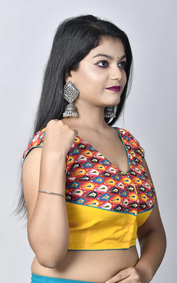 Yellow_Stitched_V-Neck_Printed_Silk_Blend_Blouse_For_Women
