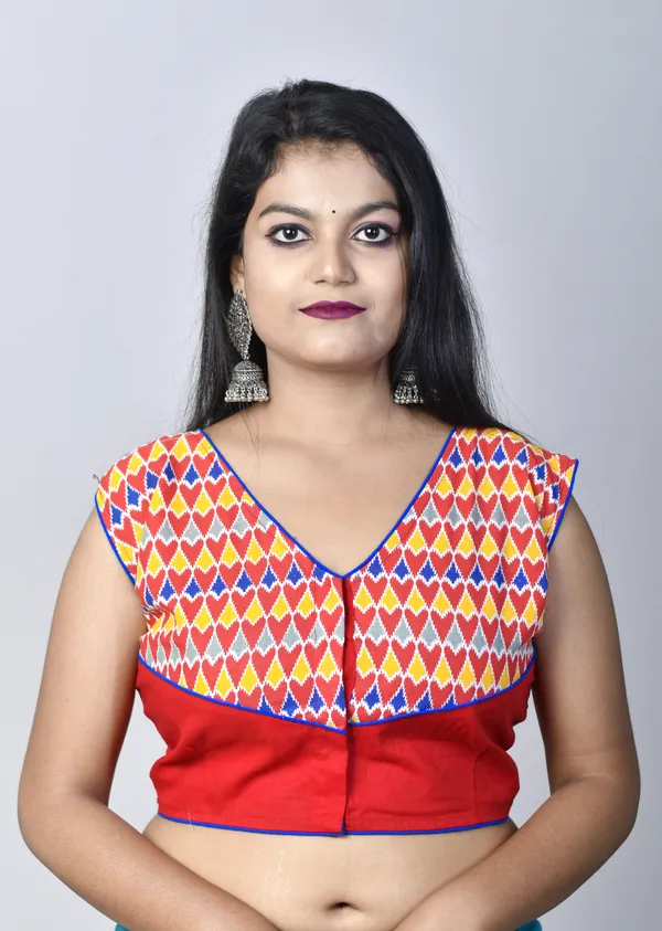 Multicolor_Stitched_V-Neck_Casual_Printed_Cotton_Lycra_Blend_Blouse_For_Women