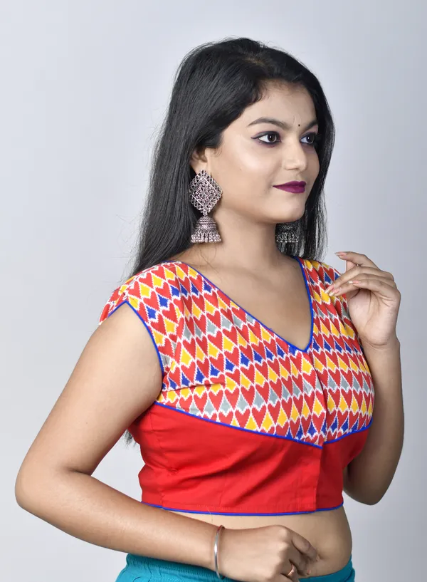 Multicolor_Stitched_V-Neck_Casual_Printed_Cotton_Lycra_Blend_Blouse_For_Women