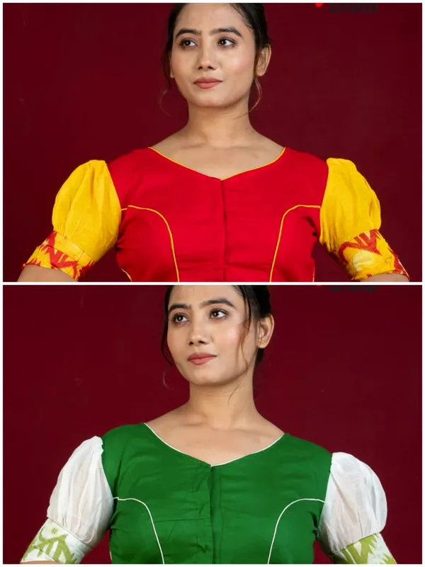 Combo_Of_Designer_jamdani_Blouse_(Red-Yellow_&_Bottle_Green)