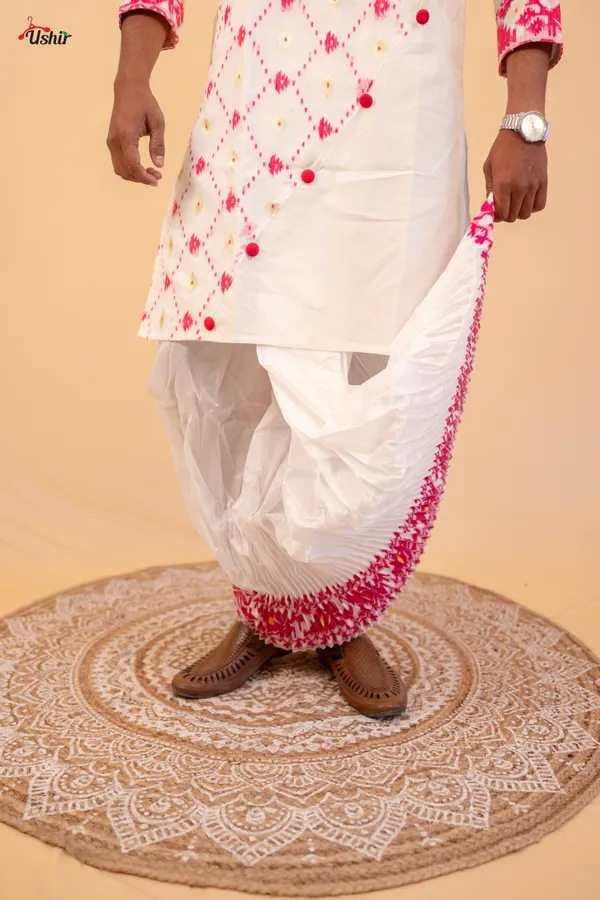 White_&_Pink_Saree_And_Kurta_With_Dhoti_Combo_Set_For_Couples