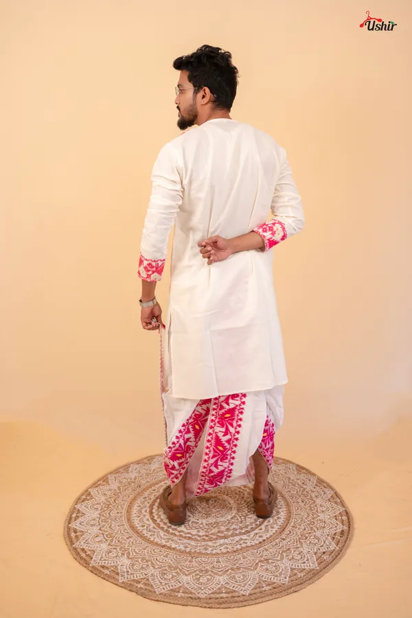 White_&_Pink_Saree_And_Kurta_With_Dhoti_Combo_Set_For_Couples