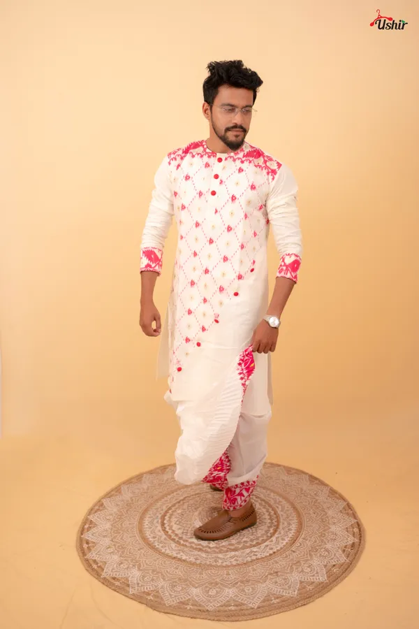 White_&_Pink_Saree_And_Kurta_With_Dhoti_Combo_Set_For_Couples