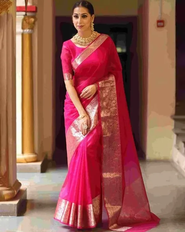Lovely_Pink_Organza_Weaving_Border_Saree_with_Unstitched_Blouse