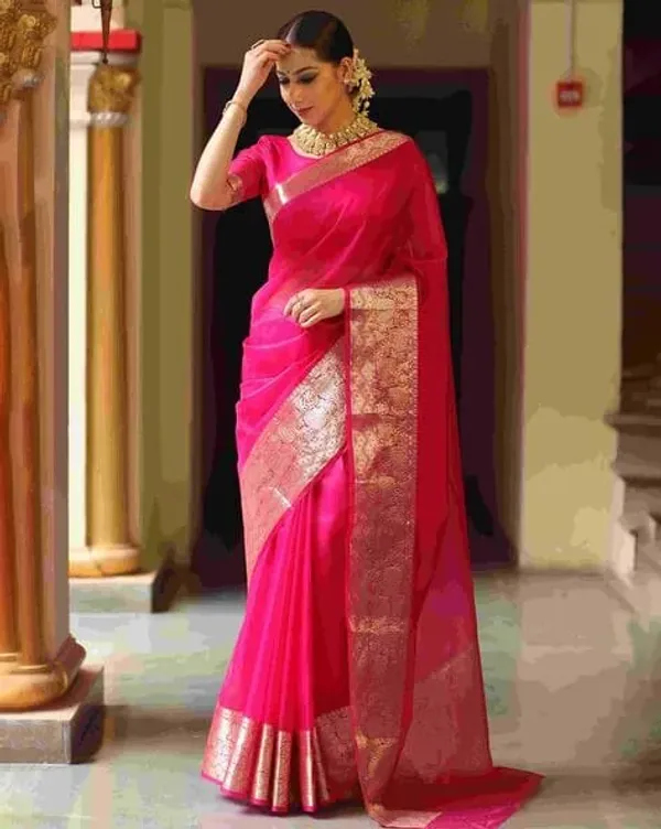 Lovely_Pink_Organza_Weaving_Border_Saree_with_Unstitched_Blouse