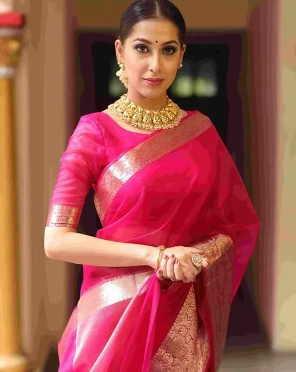 Lovely_Pink_Organza_Weaving_Border_Saree_with_Unstitched_Blouse