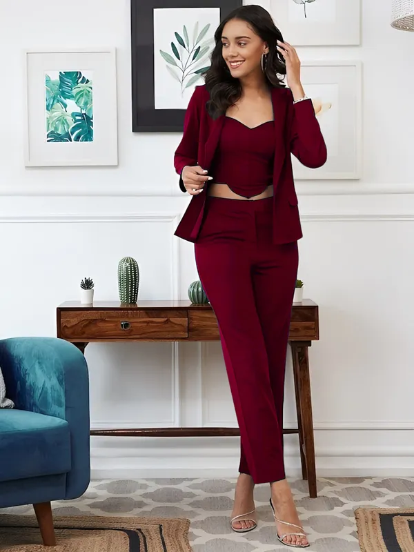 Maroon_Elegant_Co-ord_Set_With_Blazer_For_Women