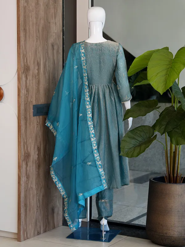 Firozi_Designer_Party_Wear_Kurta_Pants_Set_with_Dupatta_|_Fendi_Satin_|_Embroidered