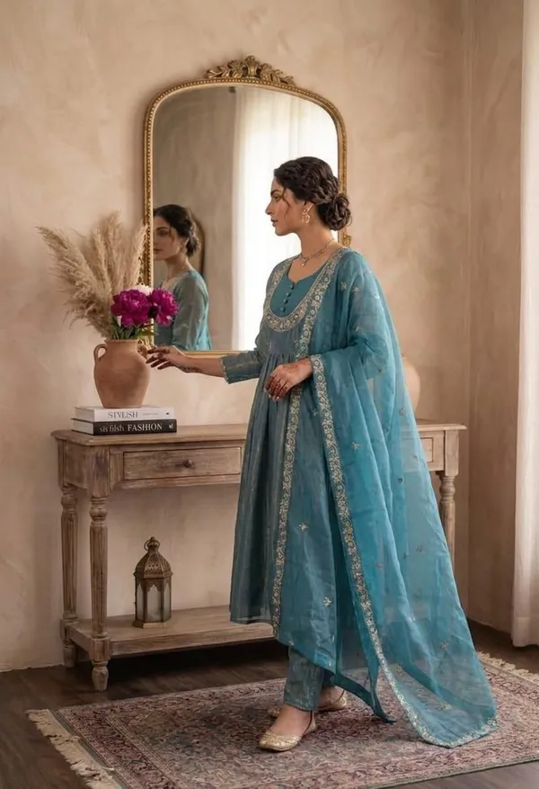 Firozi_Designer_Party_Wear_Kurta_Pants_Set_with_Dupatta_|_Fendi_Satin_|_Embroidered
