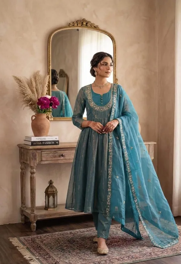 Firozi_Designer_Party_Wear_Kurta_Pants_Set_with_Dupatta_|_Fendi_Satin_|_Embroidered