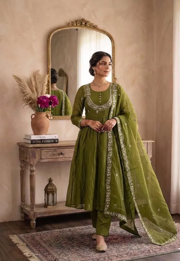 Green_Designer_Party_Wear_Kurta_Pants_Set_with_Dupatta_|_Fendi_Satin_|_Embroidered