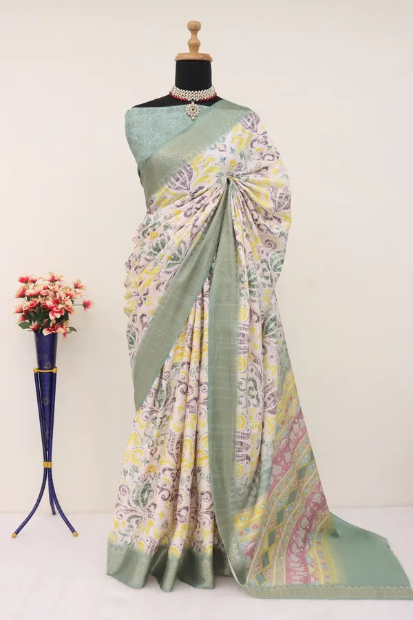 Nature's_Harmony-White_&_Green_Digital_Print_Dola_Silk_Saree_with_Woven_Border