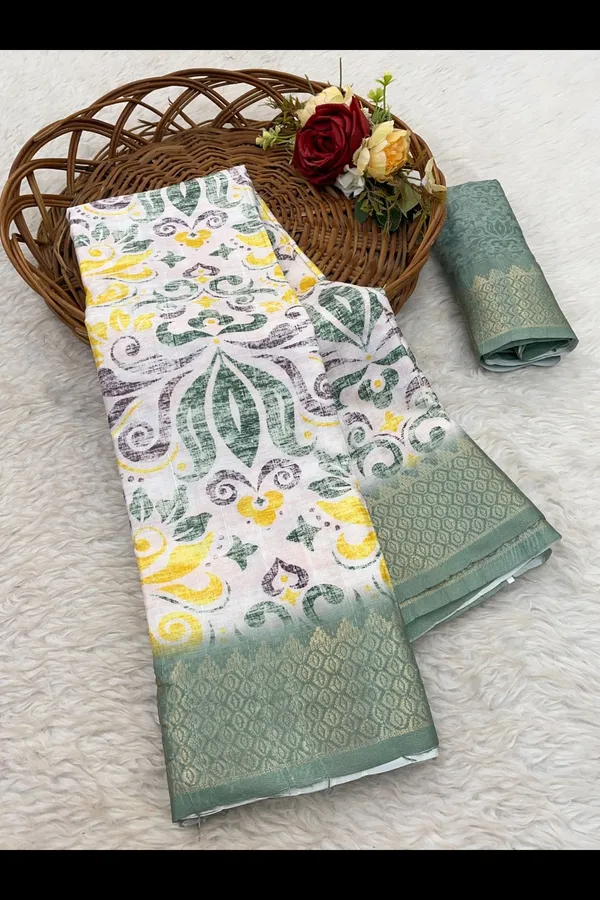 Nature's_Harmony-White_&_Green_Digital_Print_Dola_Silk_Saree_with_Woven_Border