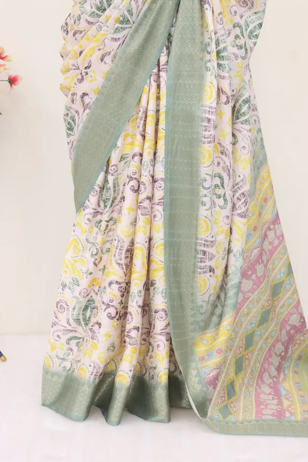 Nature's_Harmony-White_&_Green_Digital_Print_Dola_Silk_Saree_with_Woven_Border