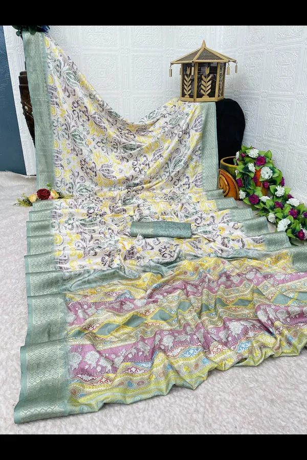 Nature's_Harmony-White_&_Green_Digital_Print_Dola_Silk_Saree_with_Woven_Border
