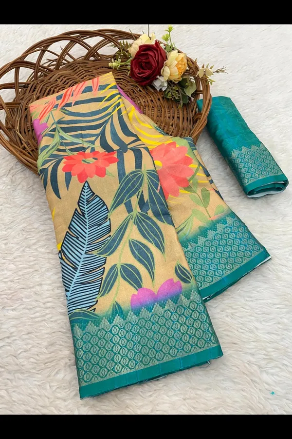 Oceanic_Charm-Teal_Blue_Digital_Printed_Dola_Silk_Saree_with_Woven_Work_Border