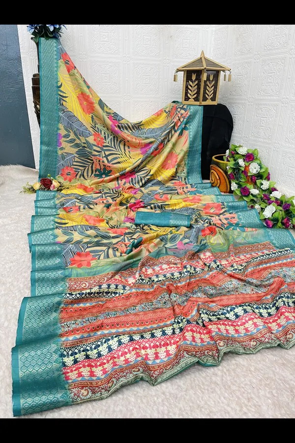 Oceanic_Charm-Teal_Blue_Digital_Printed_Dola_Silk_Saree_with_Woven_Work_Border