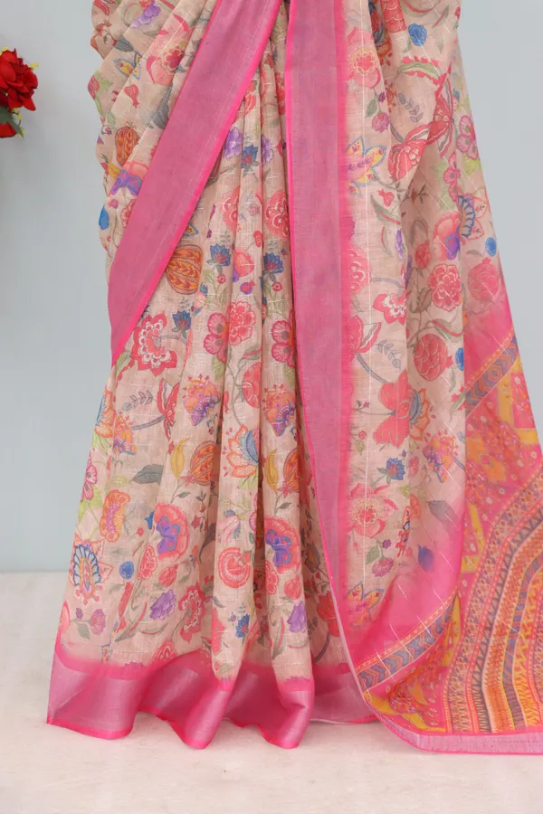 Earthy_Elegance-Tan_Linen_Saree_with_Silver_Jari_Digital_Print_and_Jhallar