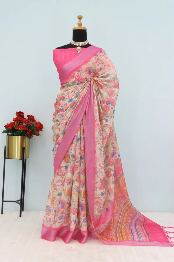 Earthy_Elegance-Tan_Linen_Saree_with_Silver_Jari_Digital_Print_and_Jhallar