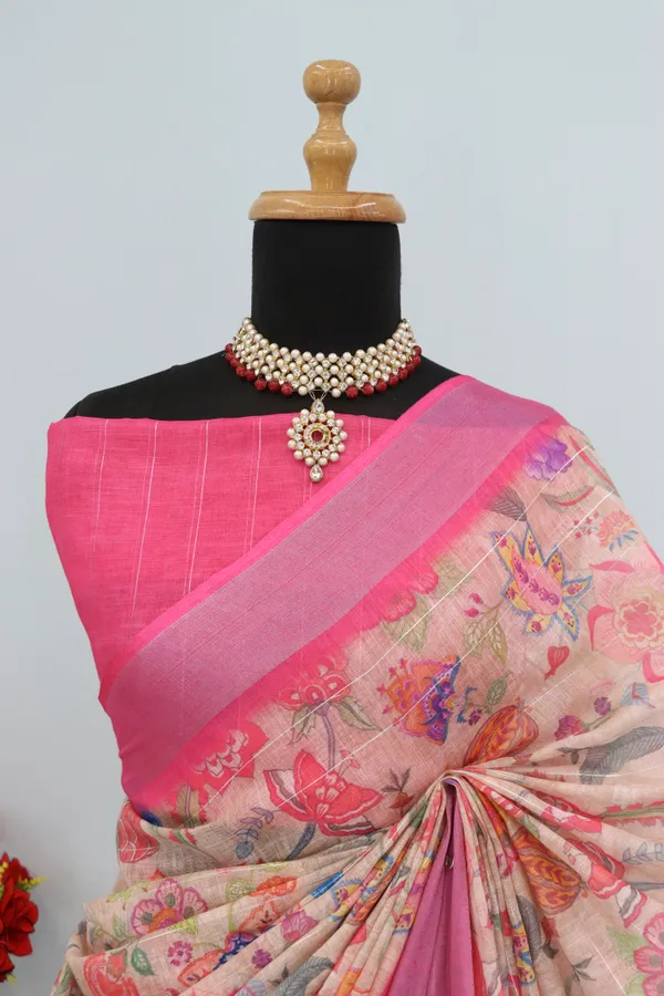 Earthy_Elegance-Tan_Linen_Saree_with_Silver_Jari_Digital_Print_and_Jhallar