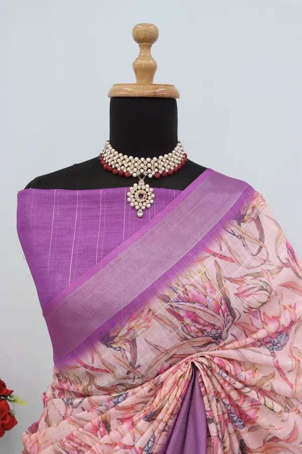 Blushing_Beauty-Rose_Linen_Saree_with_Silver_Jari_Digital_Print_and_Jhallar