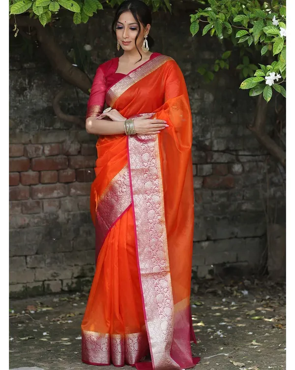 Vibrant_Orange_Organza_Weaving_Border_Saree_with_Unstitched_Blouse