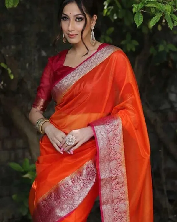 Vibrant_Orange_Organza_Weaving_Border_Saree_with_Unstitched_Blouse