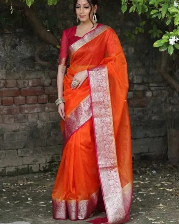 Vibrant_Orange_Organza_Weaving_Border_Saree_with_Unstitched_Blouse