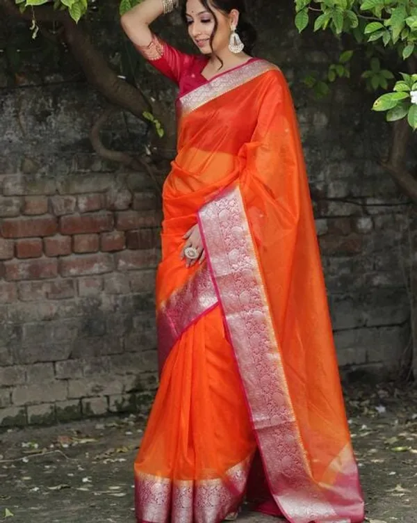 Vibrant_Orange_Organza_Weaving_Border_Saree_with_Unstitched_Blouse