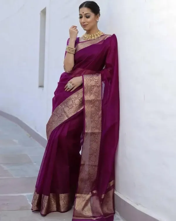 Lovely_Purple_Organza_Weaving_Border_Saree_with_Unstitched_Blouse