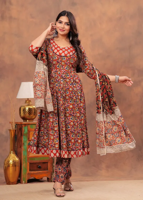 Dark_orange_&_off_white_Anarkali__Kurti_Pant_set_With_Dupatta