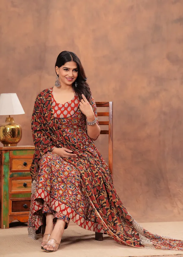 Dark_orange_&_off_white_Anarkali__Kurti_Pant_set_With_Dupatta